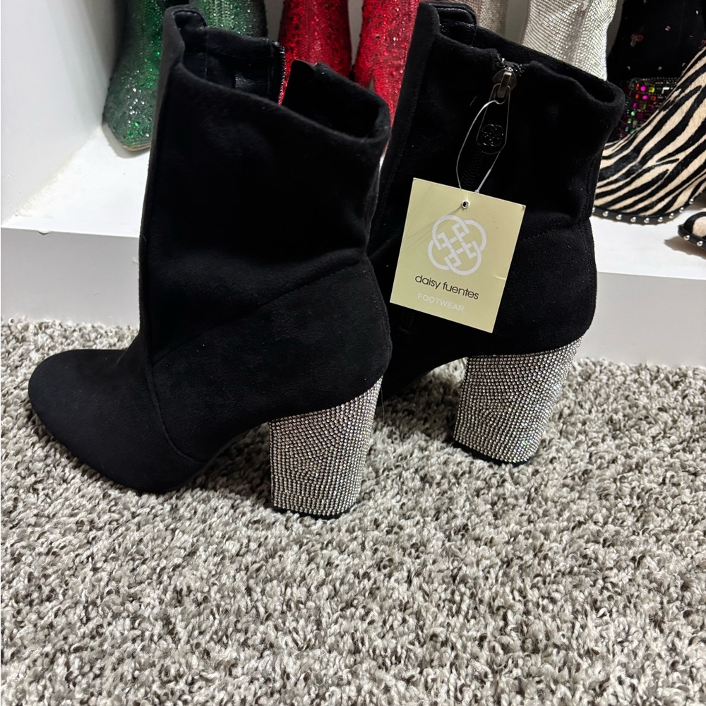 Black suede rhinestone booties